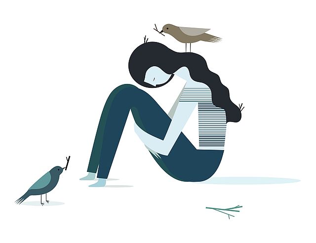 Zeichnung Trauriges Mädchen wird von Vögeln getröstet